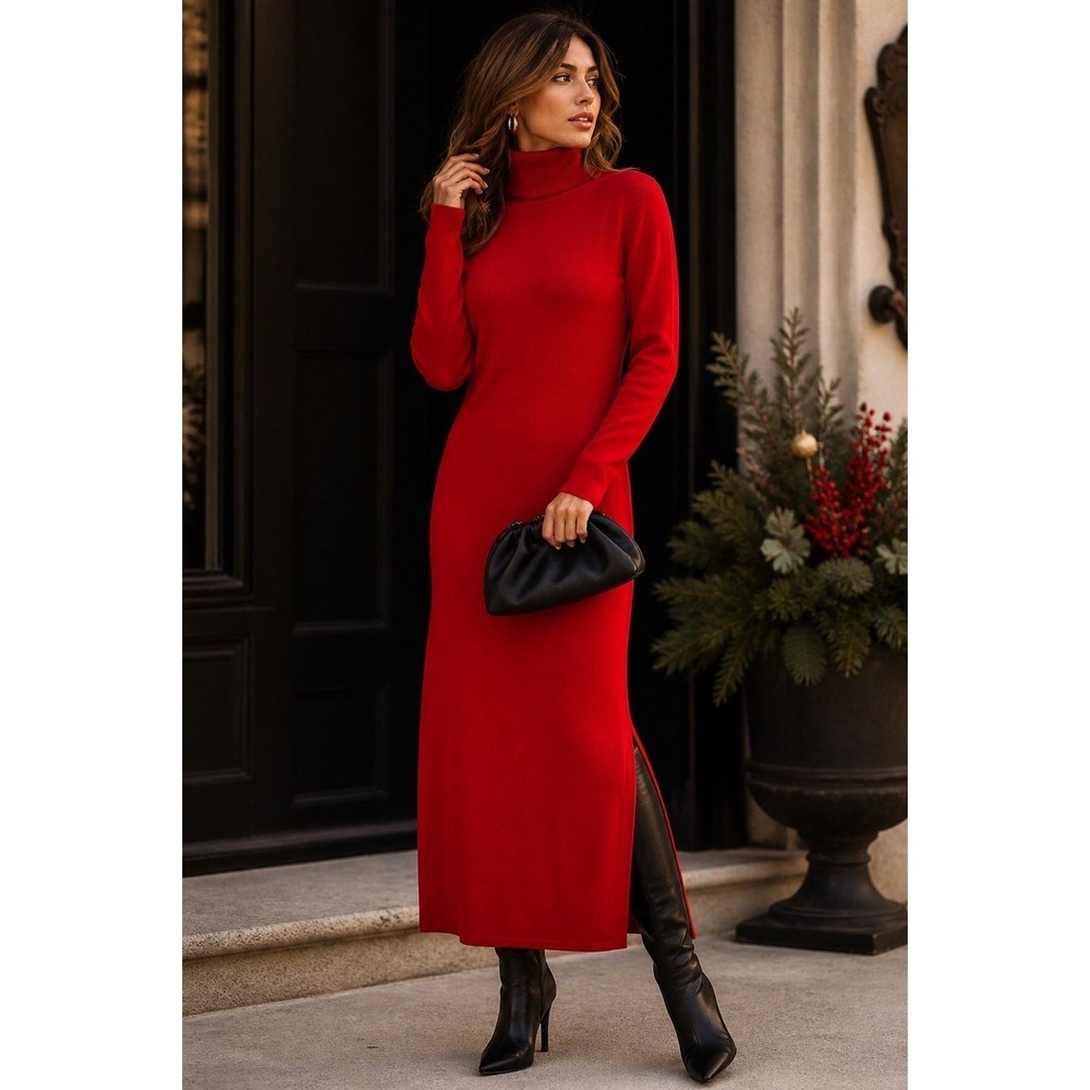 Boston Proper 100% Cashmere Red Turtleneck Midi Dress NWOT Size M